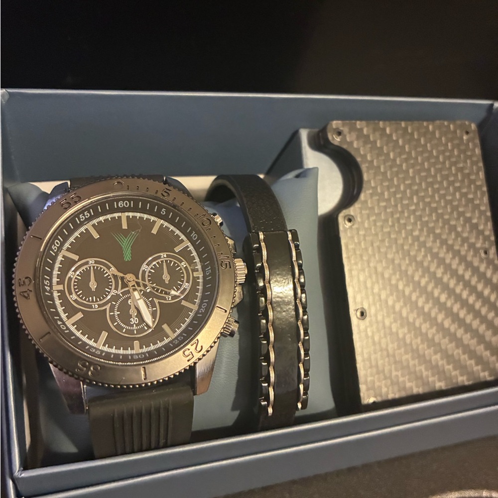 New Black Chronograph Watch with Bracelet Set